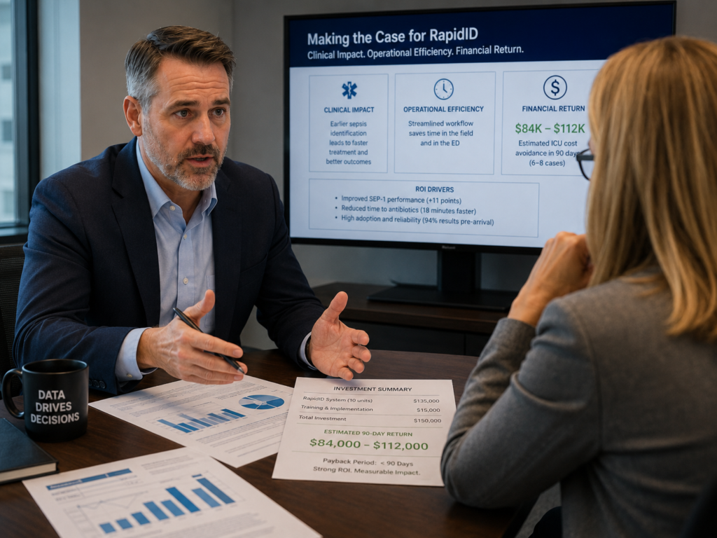 Salesman sitting across female CFO explaining ROI of product purchase.