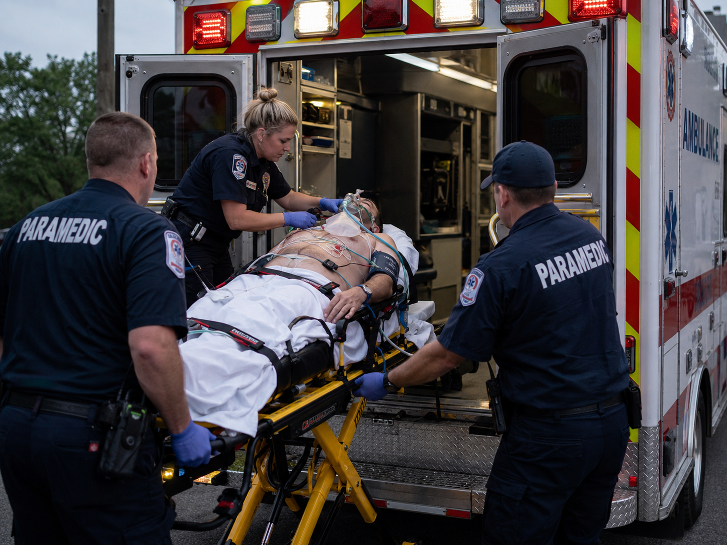 EMS crew loading a critical patient into the back of an ambulance.